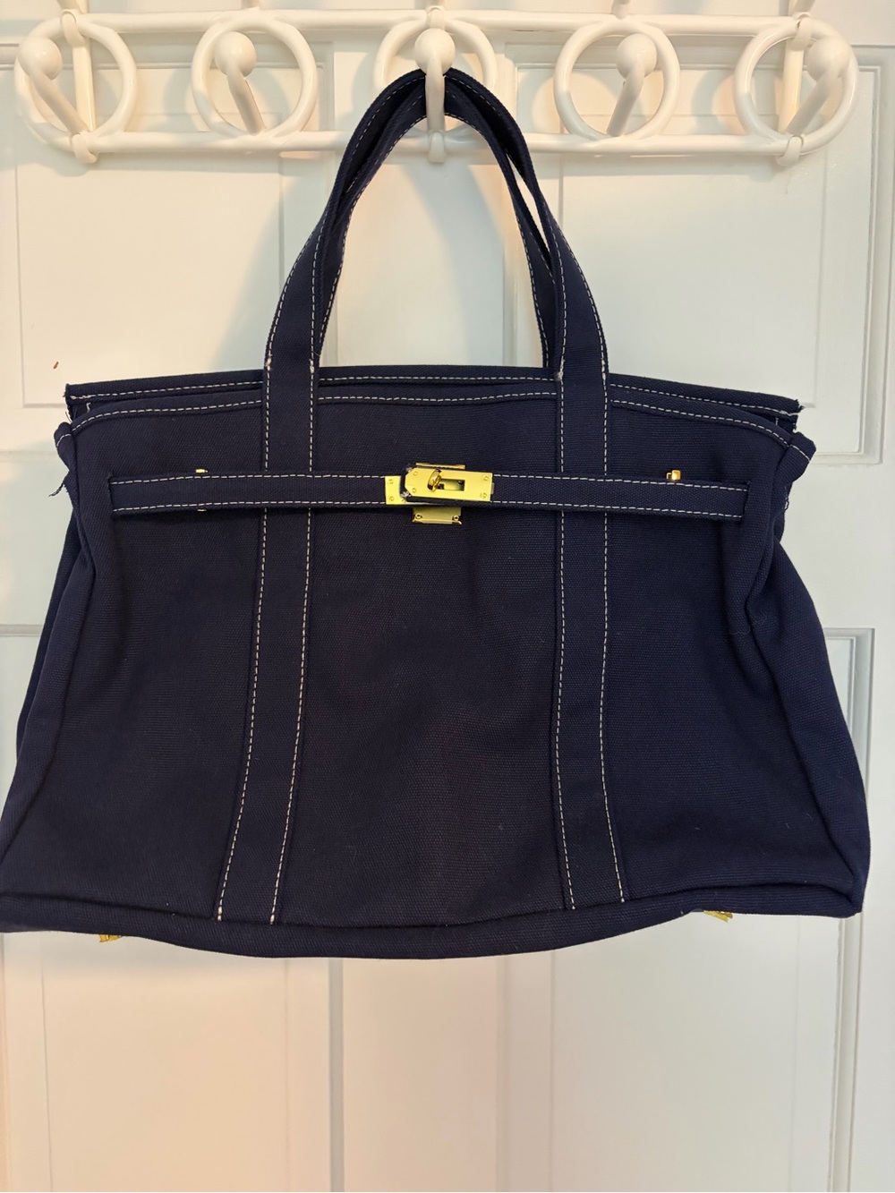 Navy Canvas Tote with Gold-Tone Hardware NWOT